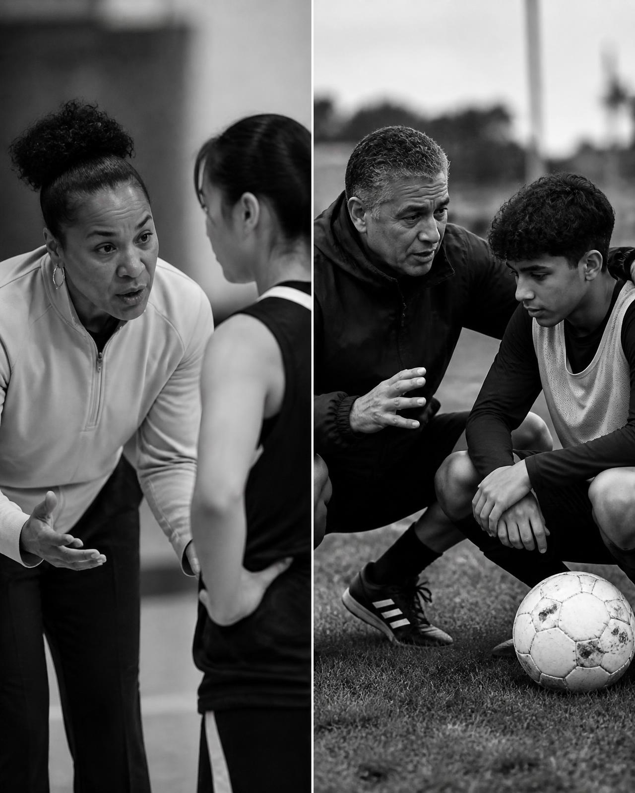 A female basketball coach instructing an athlete courtside beside a male soccer coach talking with a player on the field